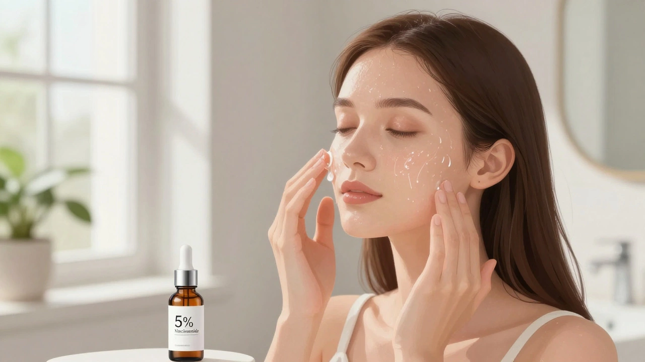 Женщина наносит увлажняющую сыворотку с гиалуроновой кислотой на слегка влажную кожу лица.