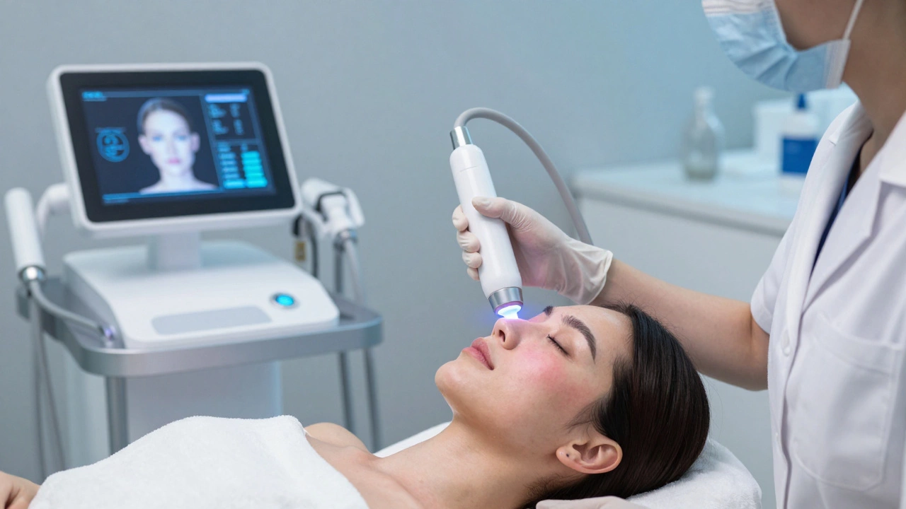 Женщина проходит пикосекундную лазерную процедуру против пигментации в современной клинике 2026 года.