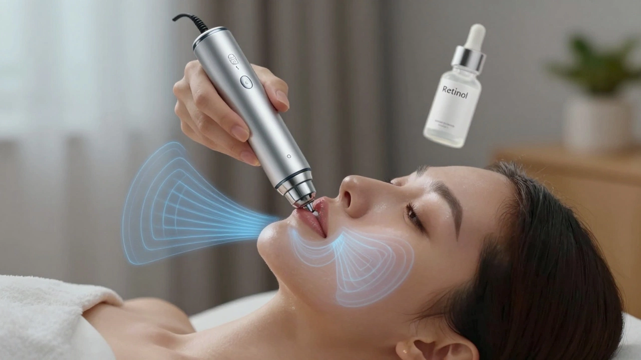 Женщина проводит ультразвуковой массаж лица с помощью устройства, светящиеся волны проникают в кожу.