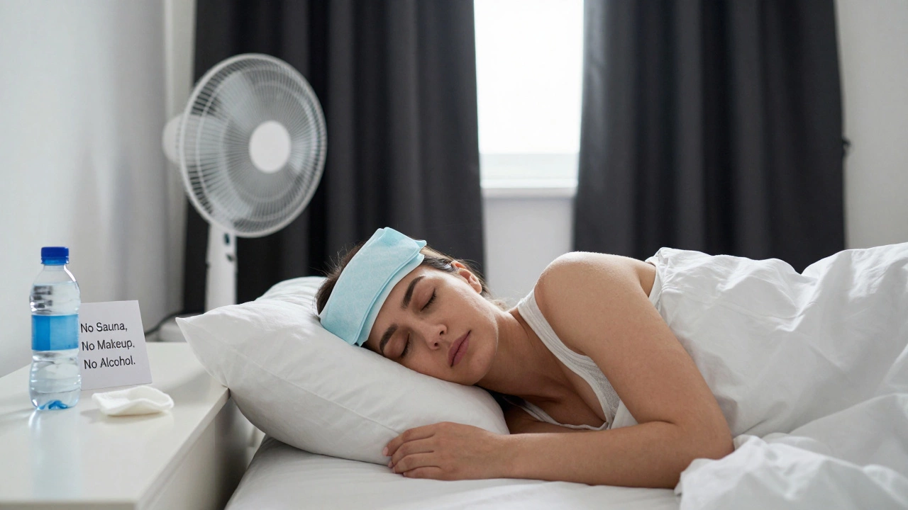 Женщина спит на спине, на лбу — холодный компресс, в комнате нет солнца, тепла или макияжа.