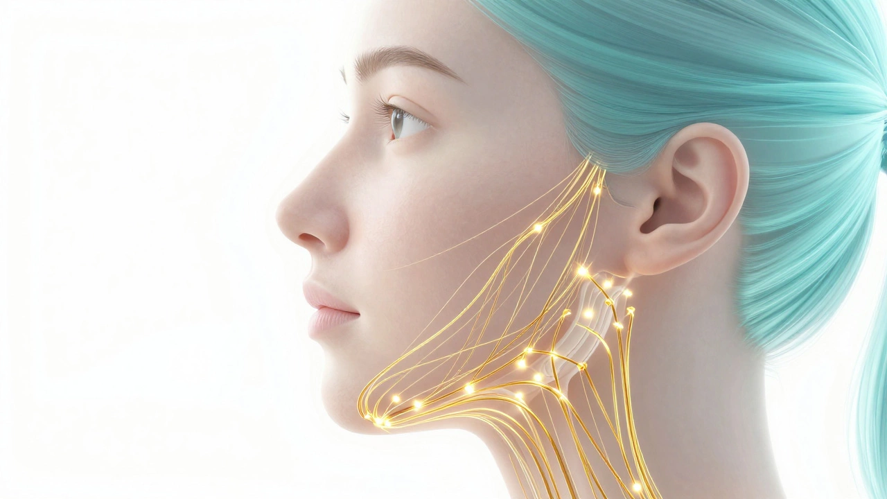 3D-визуализация нитевого лифтинга, показывающая внутренний каркас из золотистых нитей в области челюсти