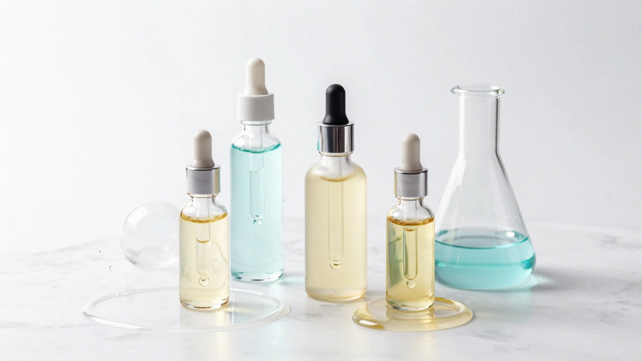 Флаконы с кислотными пилингами на белом мраморе