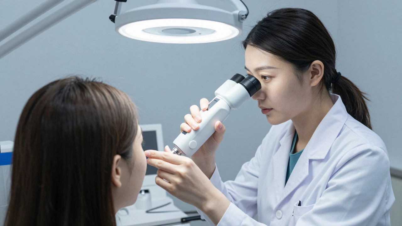 Косметолог проводит дерматоскопию кожи пациента в клинике