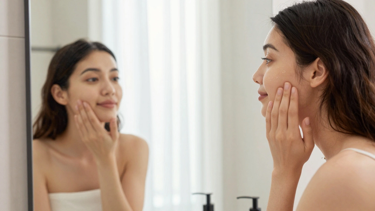 Женщина с сияющей и здоровой кожей любуется своим отражением в зеркале