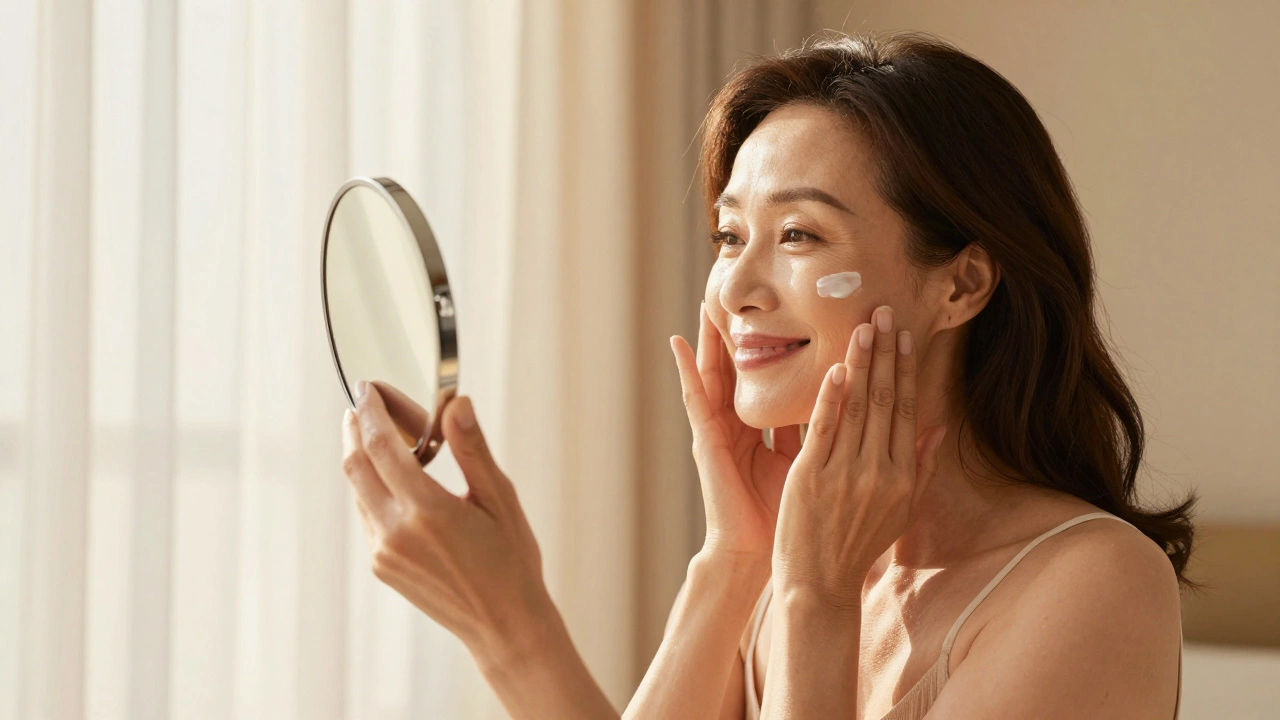 Женщина зрелого возраста наносит солнцезащитный крем на обновленную сияющую кожу