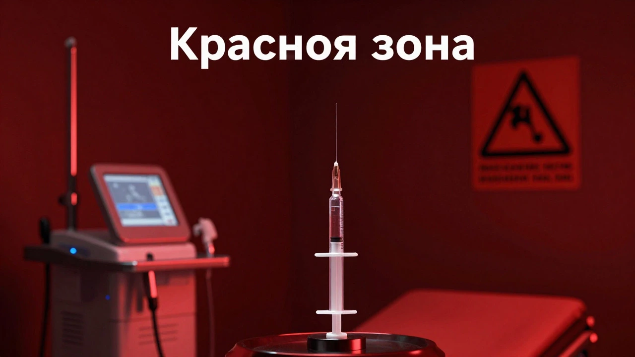 Драматичное изображение профессионального медицинского оборудования (лазер или инъекции) на темном фоне с красными предупреждающими элементами, символизирующее необходимость врачебного контроля.