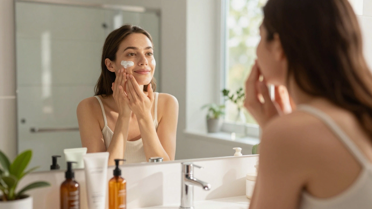 Женщина наносит крем с SPF для ухода за кожей