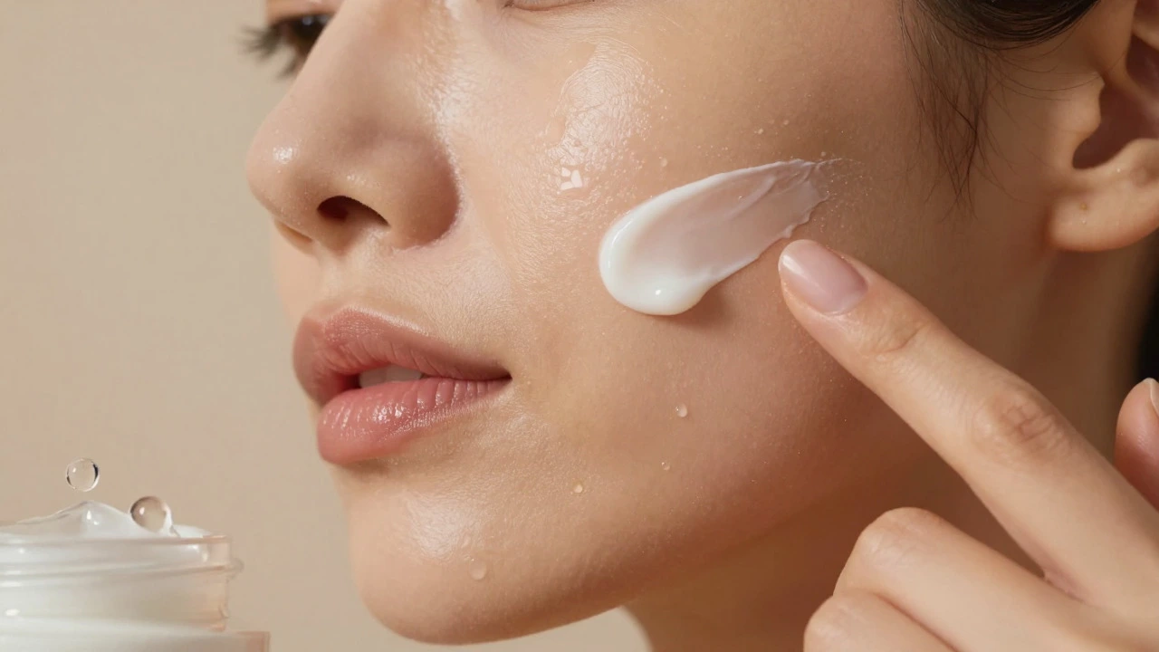 Hand applying rich anti-aging cream to smooth, radiant facial skin